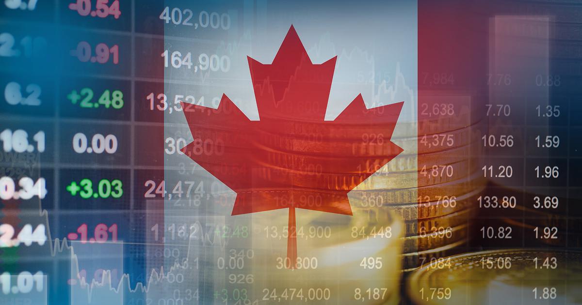 Canadian maple leaf over stock charts and coins, representing wealth management services in Canada