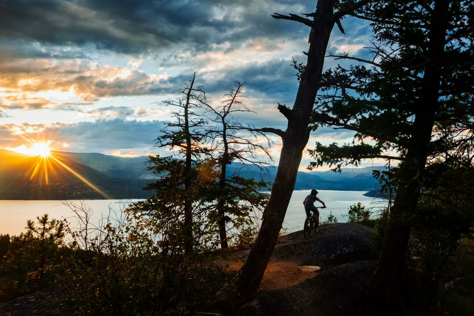 mountain biker silhouetted on granite slab between pine trees at sunset, Okanagan Lake visible behind, dramatic clouds and sunburst framing the scene from the left Photo: Aaron Thiessen, Whisky Ginger Media | Predator Ridge Trails