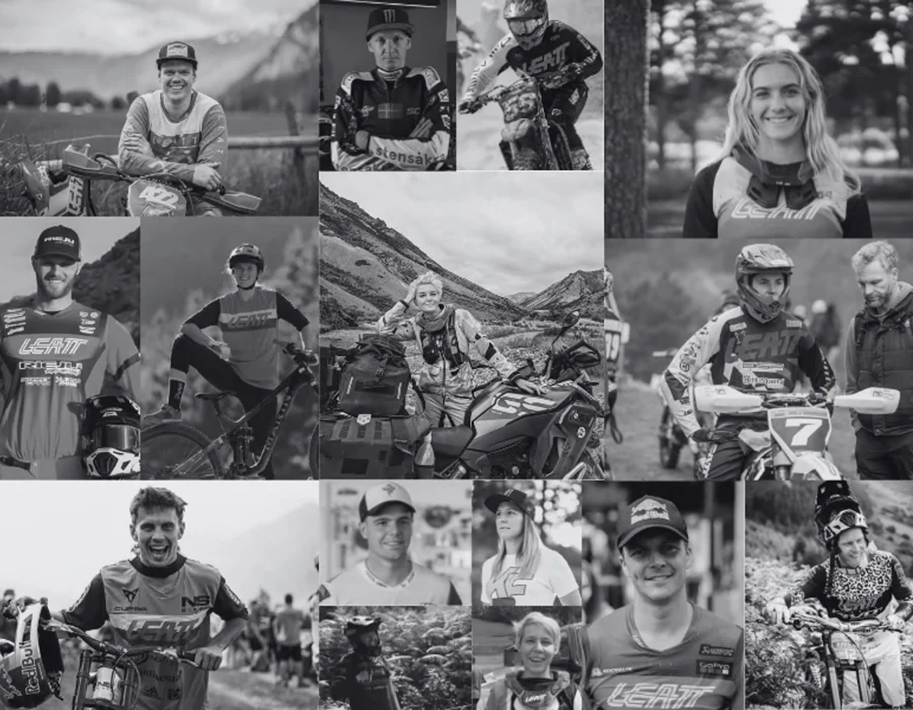 Group of Leatt athletes in MTB helmets, jerseys, and protective gear