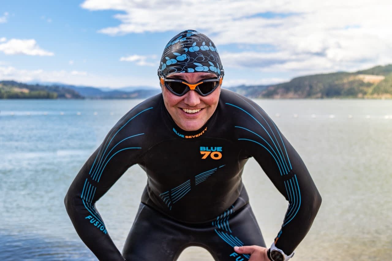 A happy swimmer taking part in the annual Fresh Air Kelowna Cherry Blossom Triathlon