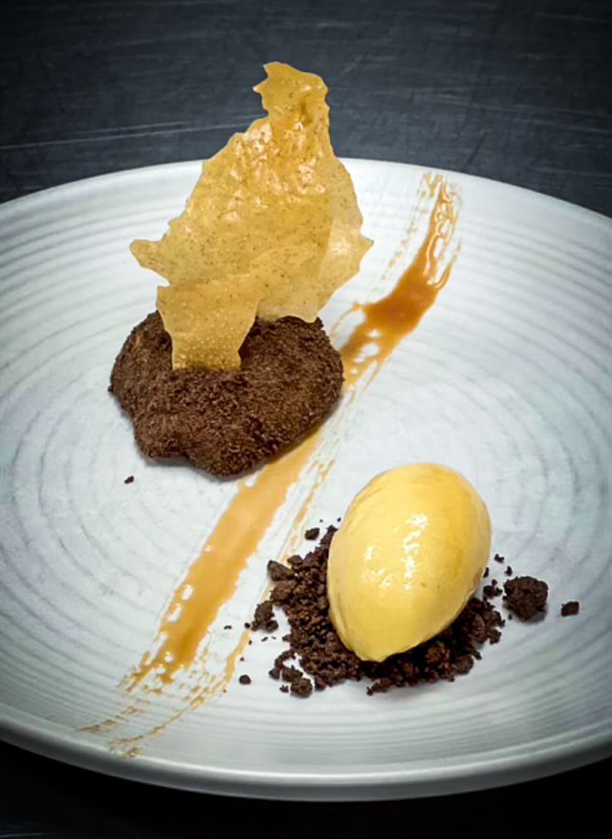 white-wine-poached-pears,-ginger-and-rye-crumble-served-with-housemade-pear-and-cardamom-sorbet