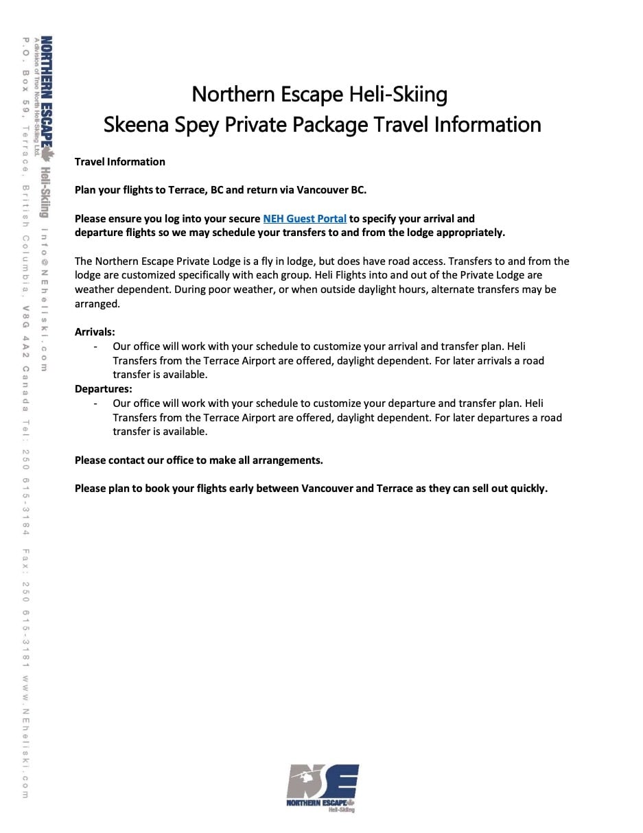 Private Lodge Package Travel Info