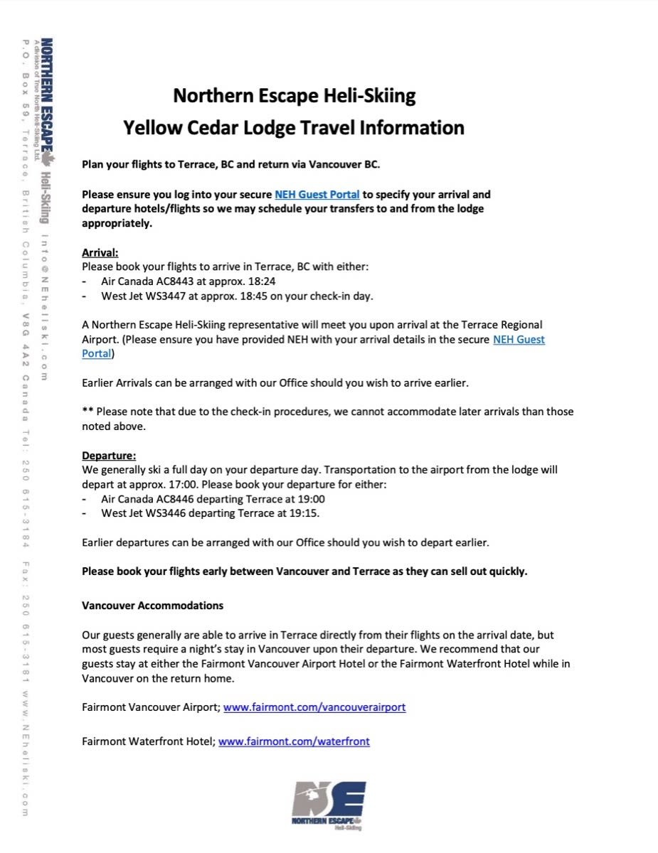 Yellow Cedar Lodge Package Travel Info