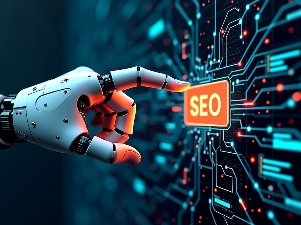 a robotic hand clicking on a button for search engine optimization