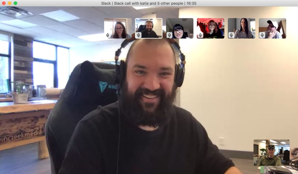 Thomas, our Technical Director, on an internal team video chat using Slack in the early days of Coronavirus. Half of our team was already working from home.