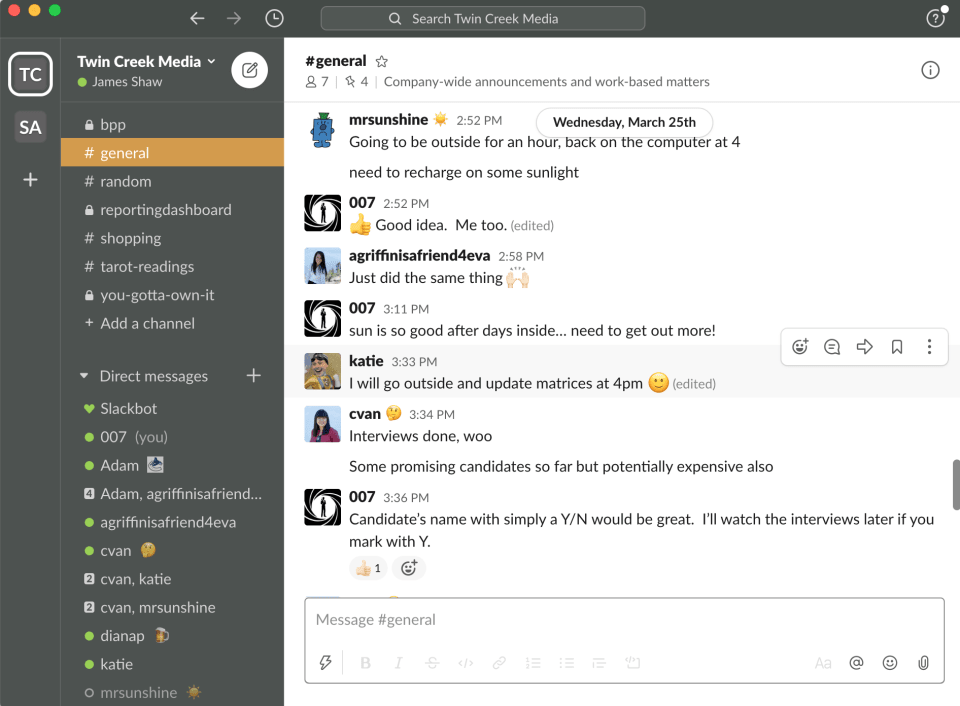 Slack keeps the conversation going between remote workers.  Speed and organization are strong points.