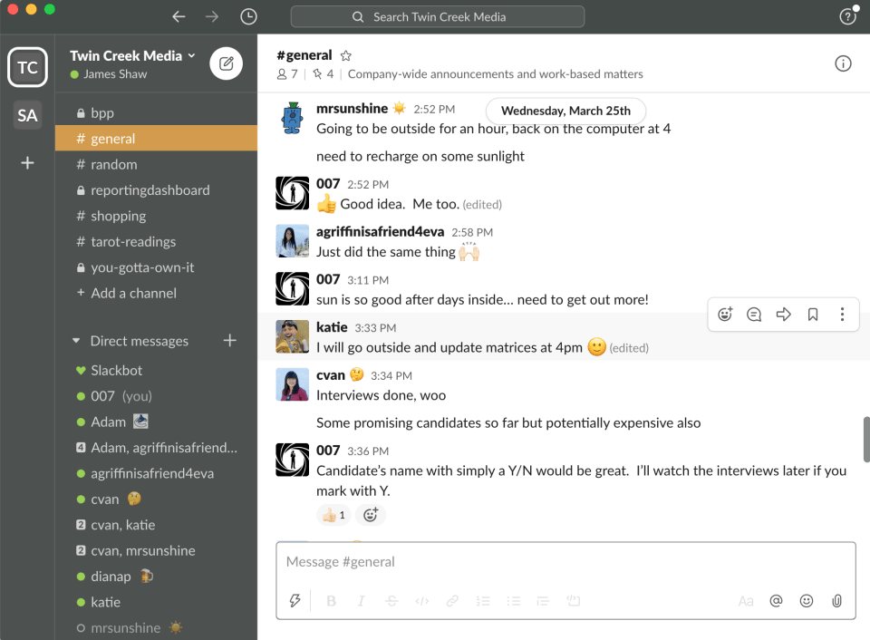 Slack keeps the conversation going between remote workers. Speed and organization are strong points.