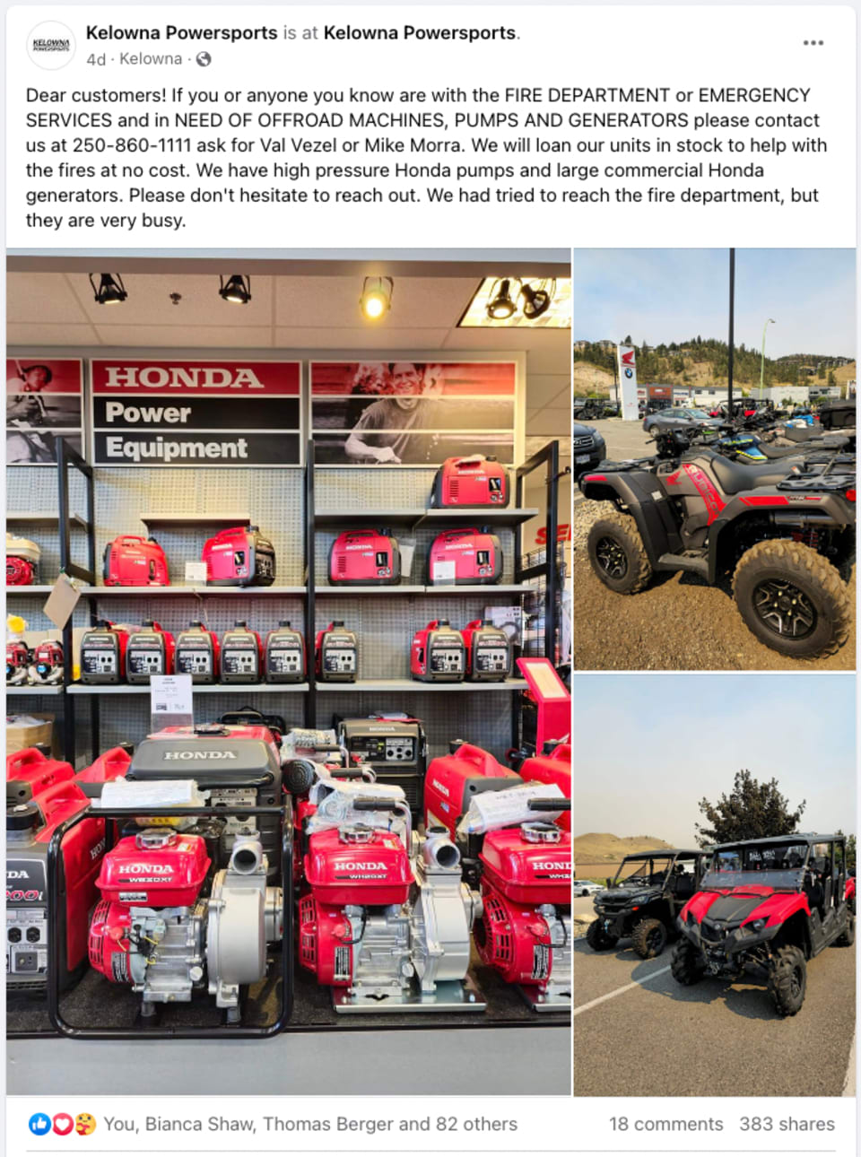 Kelowna Powersports offer to loan their equipment (at no cost) to the Fire Dept.