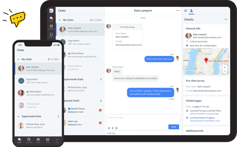 The LiveChat App interface helps you and your staff manage multiple customer interactions on your website at the same time!  Tip: save time by copy/pasting answers for common questions!