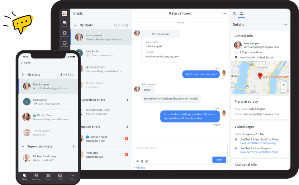 The LiveChat App interface helps you and your staff manage multiple customer interactions on your website at the same time! Tip: save time by copy/pasting answers for common questions!