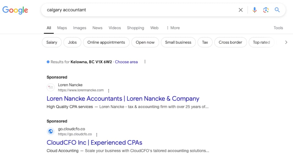 Pay-Per-Click (PPC) ads are these ‘sponsored’ ads in the image that pop up for the search term: ‘Calgary accountant’